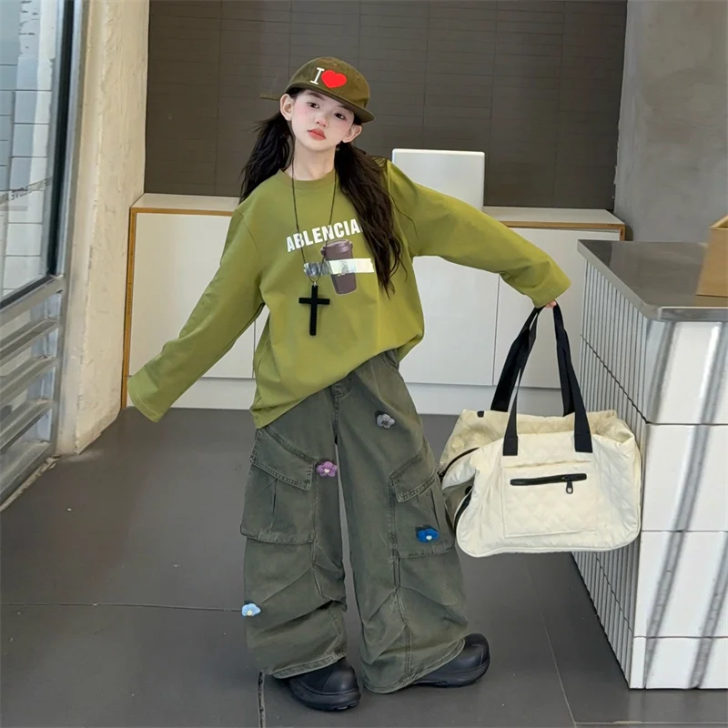 2025 خريف جديد زهرة واسعة الساق وزرة جيب كبير تصميم بنطلون زهرة قابلة للإزالة #2