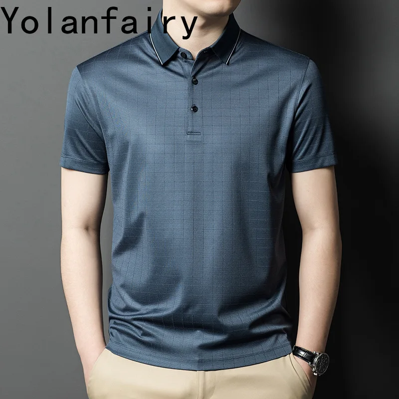 YOLANFAIRY 13.4% Mulberry Silk Tshirts for Men Polo Shirt Summer Clothes Men Plain T-shirt Polo Manches Courtes Loose Fit Tops