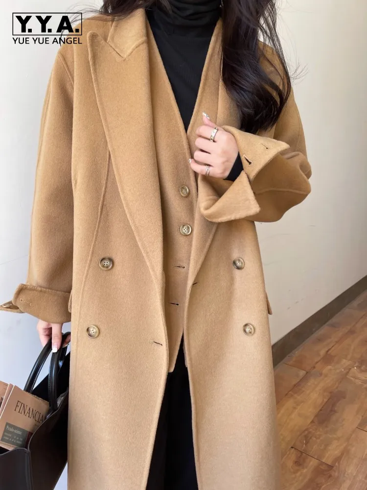 

Women Double-Sided Pure Wool Woolen Coat Two-Piece-Set Loose Fit Double Breasted Long Wool Blends Outfits One Size V-Neck Vest