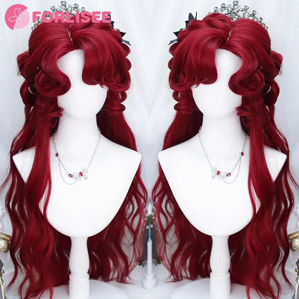 

FORLISEE 31 Inch Red Long Curly Hair with Parted Bangs Synthetic Women's Cosplay Natural High Temperature Fiber Lolita Wig