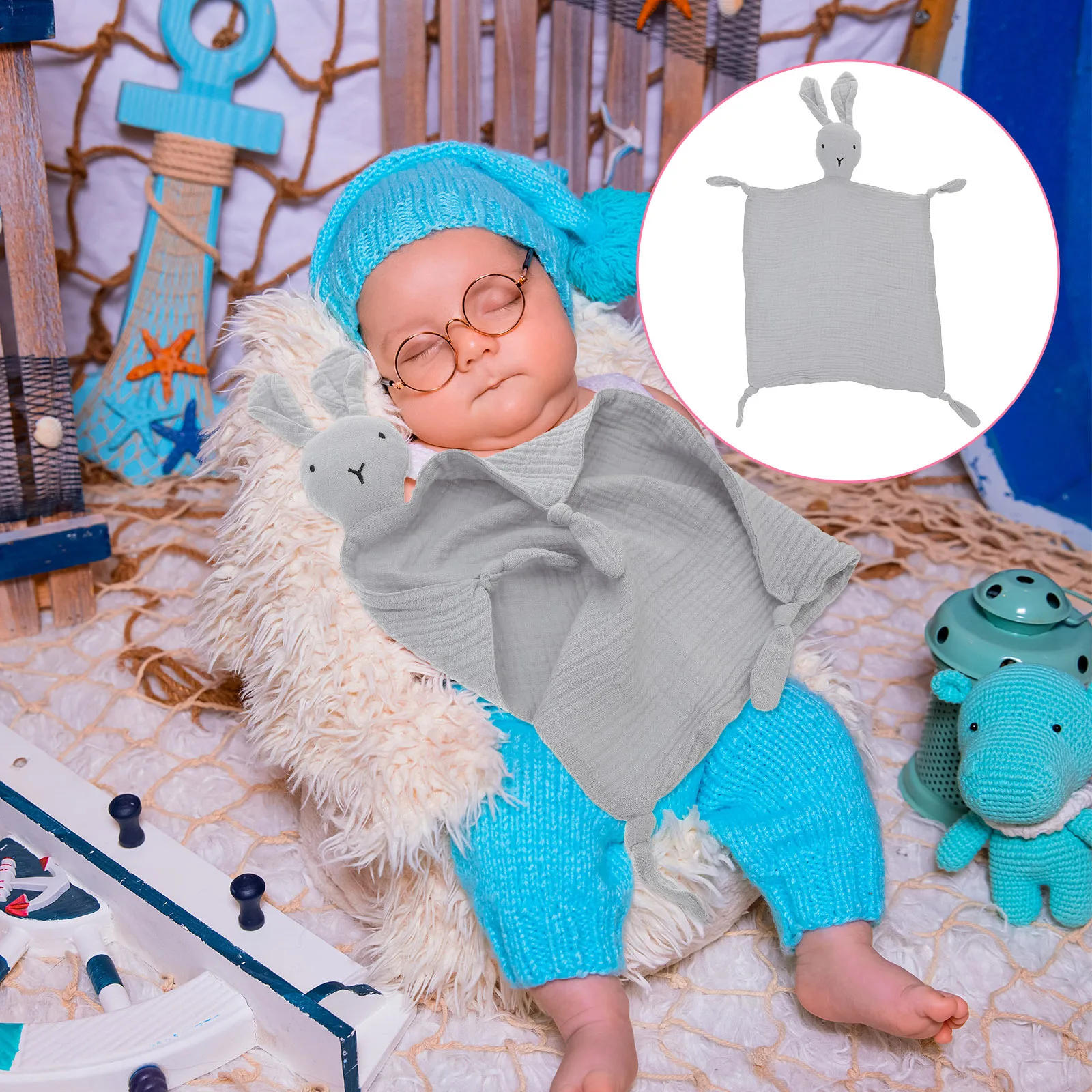 동물 토끼 디자인의 면 아기 보안 담요, 기계 세탁 가능, 신생아 및 유아를 위한 진정 및 감각적 안락감을 주는 러비