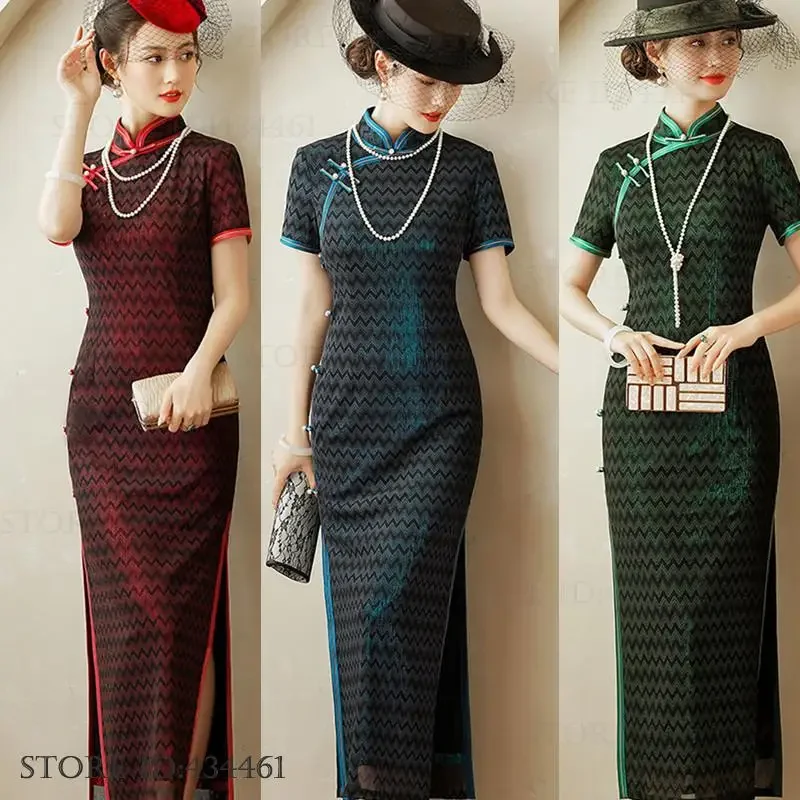 الكلاسيكية اليوسفي طوق شيونغسام فستان صيني خمر طباعة سيدة طويلة تشيباو الربيع يطلي أنيقة قصيرة الأكمام مثير فيستدوس