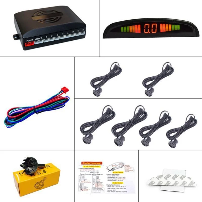A Set of Universal Car Reversing Radar With 6 Sensors Full Car Radar 2 Front and 4 Rear LED Crescent Screen