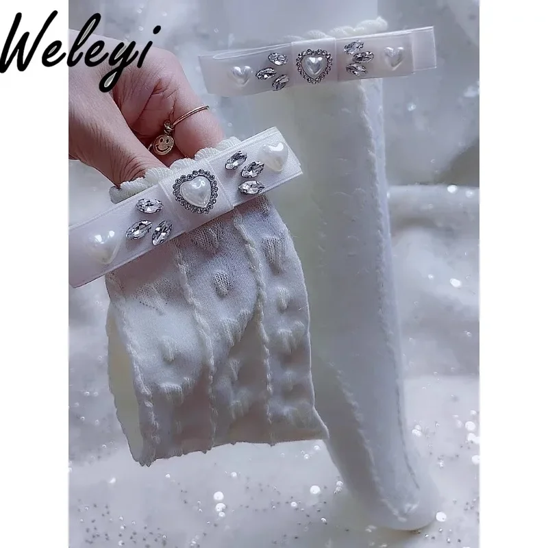 

Luxury Rhinestone Short Tube White Socks Jirai Kei Accessoires Women Lolita Handmade Pearl Peach Heart 3D Bow Mesh Cotton Socks