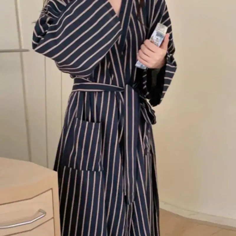Women's Pajama Set Fashion Homewear Robe Kimono Cotton Loungewear Retro Striped Long Sleeve Loose Fitting New Style Large Size