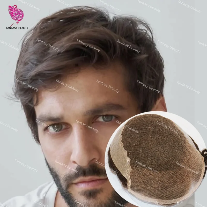 

100% European Human Hair Male Wigs Brown Black #17#18 Durable Swiss Lace&Pu Around Wigs 130% Density Male Prosthesis Hair Q6 Wig