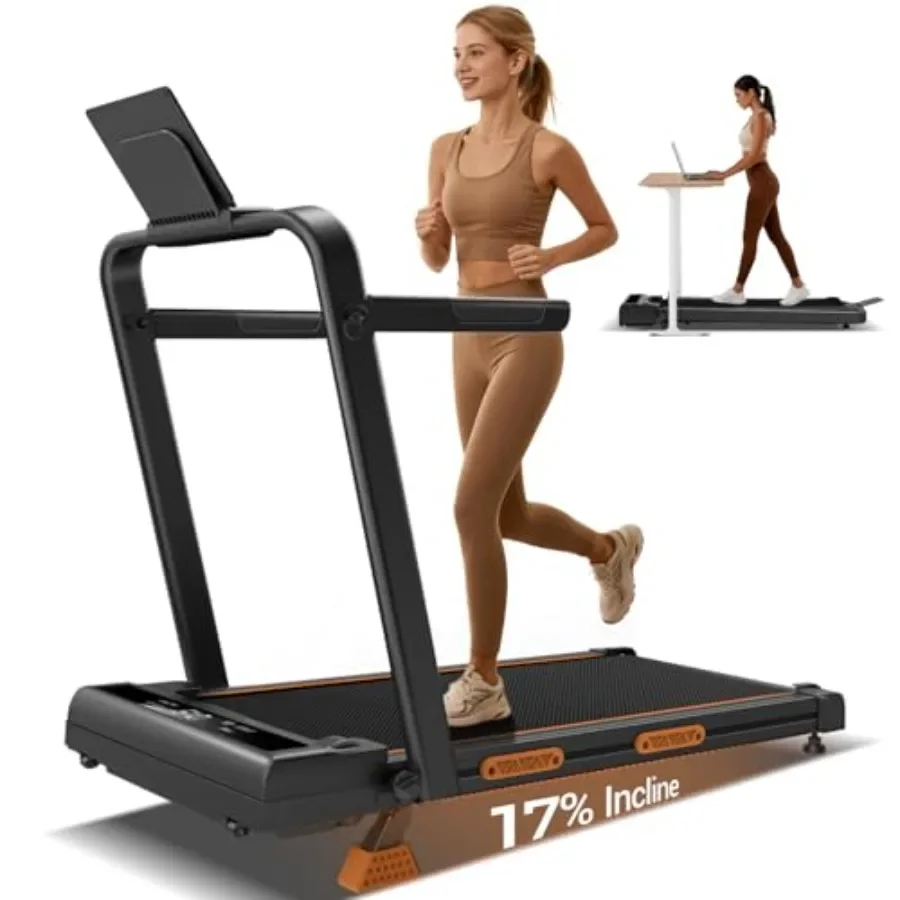 Under desk walking pad treadmill for home and office use, aluminum alloy frame, black finish, 5-in-1 multifunctional with manua