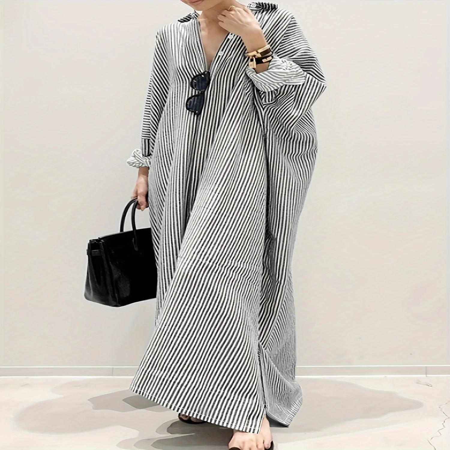 

Casual Stripe Maxi Shirt Dress | Non-Elastic, Durable Lapel | Women's All-Season Button-Down Style