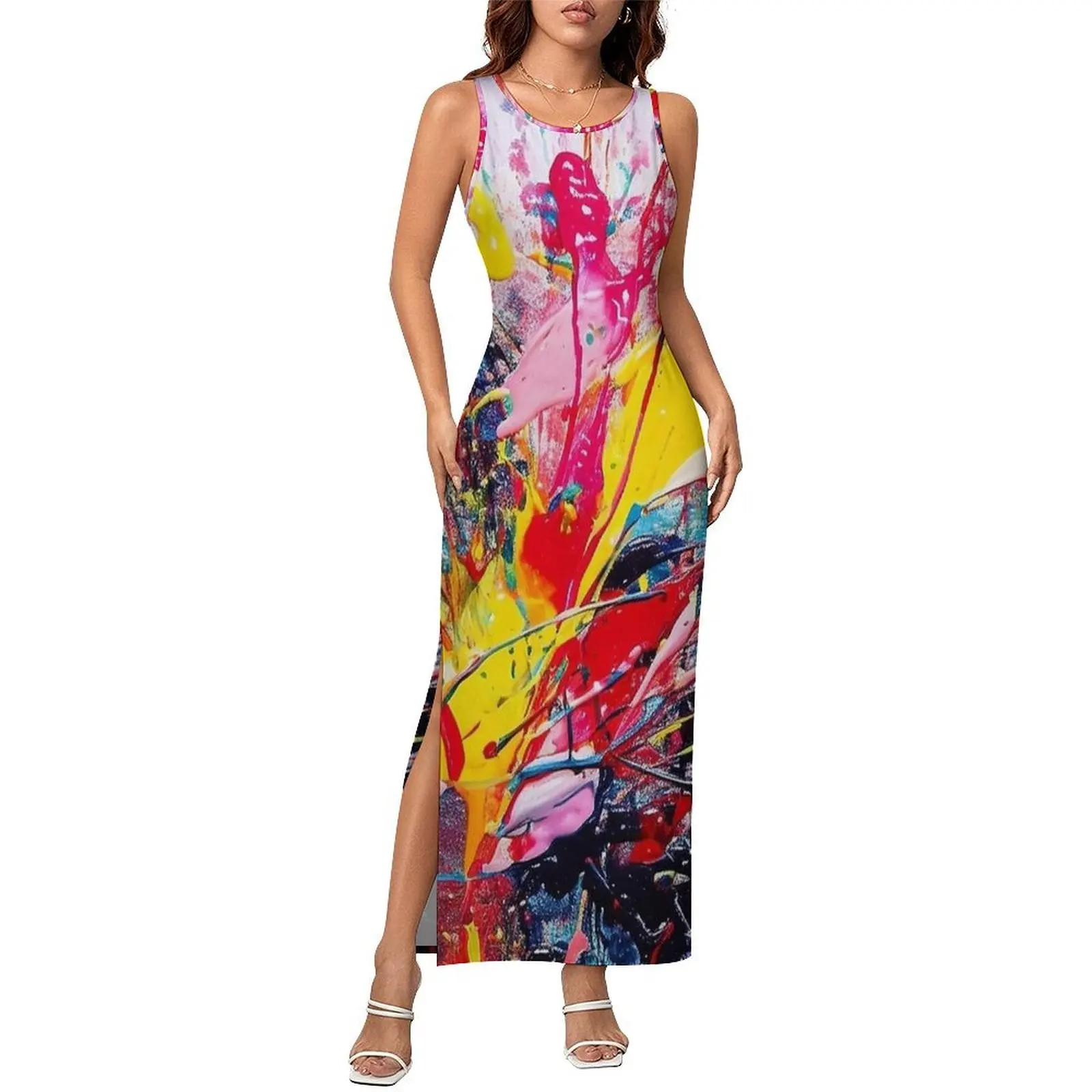 Female Rainbow Paint Splash Print Dress Streetwear Bodycon Dress Summer Sleeveless Club Sexy Maxi Dresses Oversized Vestidos