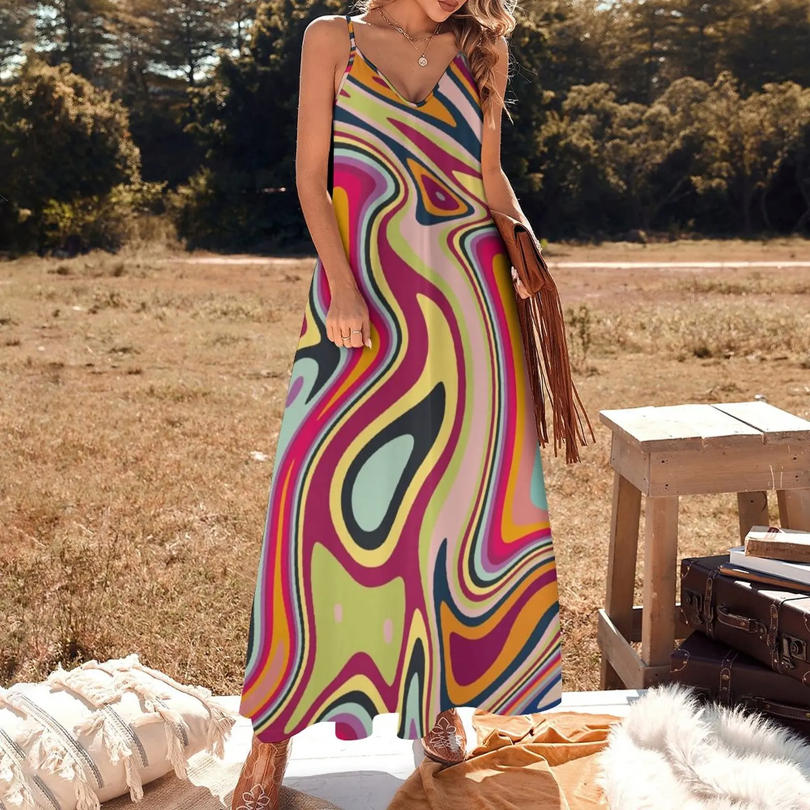 70s Retro Abstract Liquid Swirl Pattern Sleeveless Dress Long dress Casual dresses