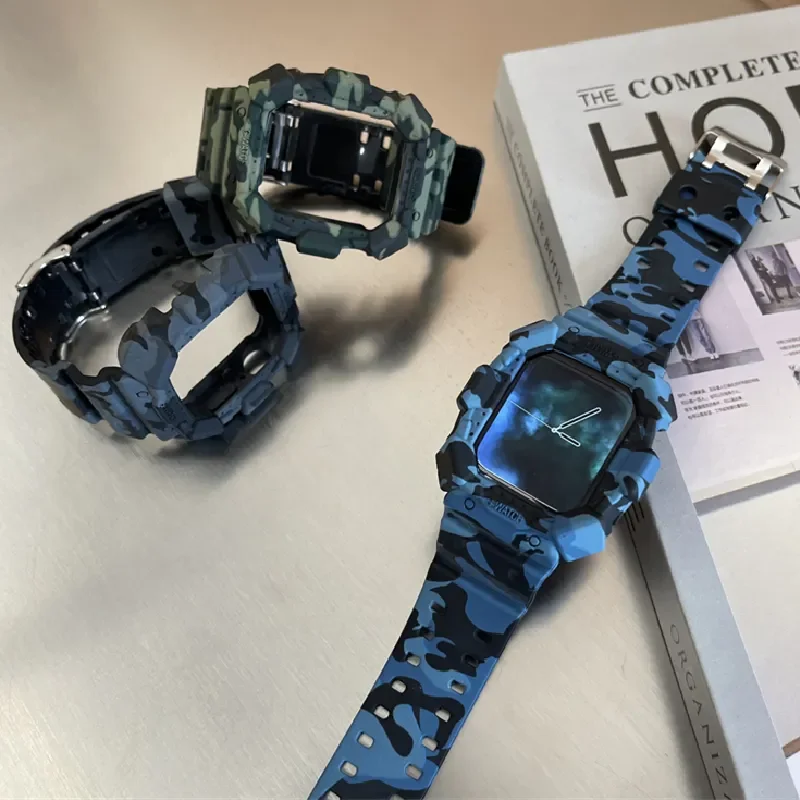 Case + Strap For iwatch Serie 6 2 3 4 5 SE 1 Camouflage For Iwatch Strap 38MM 40MM 42mm 44mm Printed Silicone Watch Wrist Band