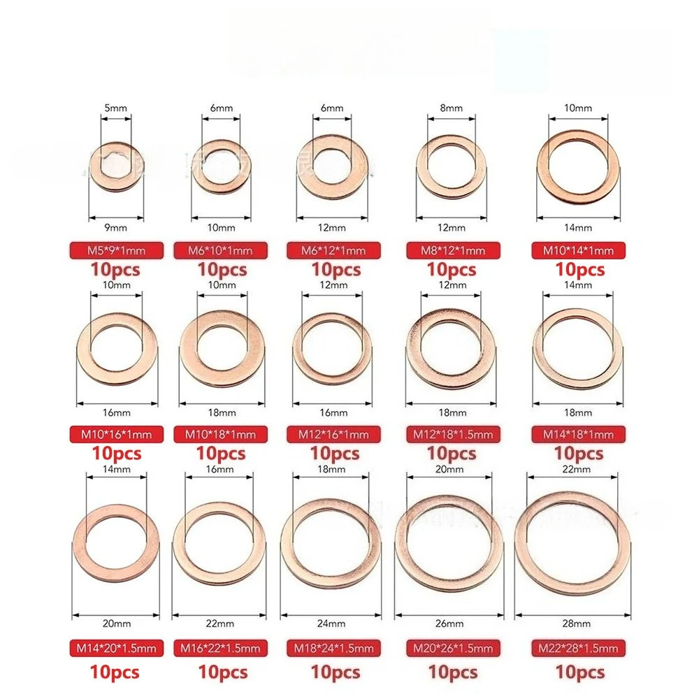 150Pcs Boxed M5-M22 Red Copper Flat Washer Sealing Gasket Oil Seal Spring Washer Assortment