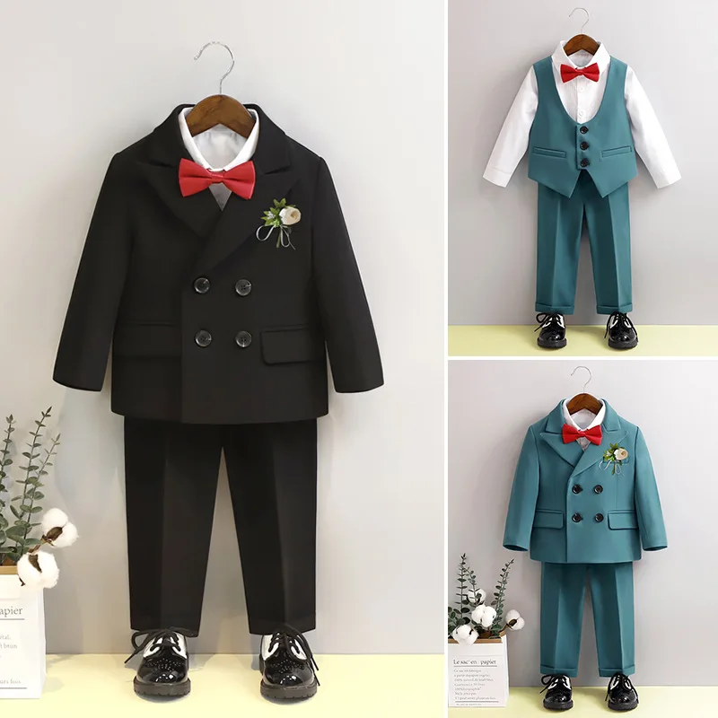 Children Light Green 5Pieces/Set Jacket Vest Pants Bowtie Flower Photograph Dress Kids Suit Boys Wedding Performance Blazer