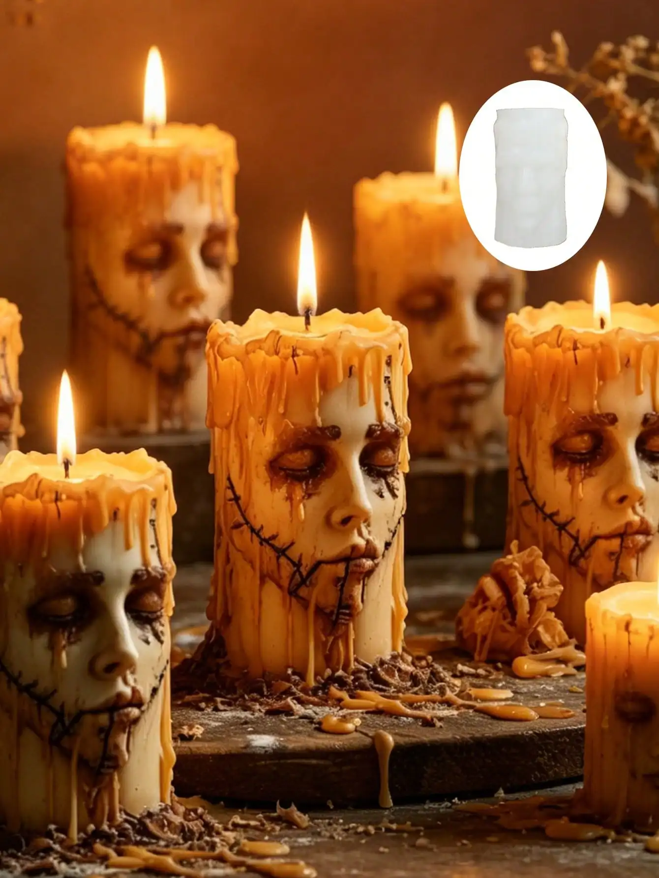 Halloween Stitched Face Silicone Candle Mold, Eerie Melting Zombie Face Wax Candle Making Mold, Gothic Home Decor Easy Demold SH260513103738518954880