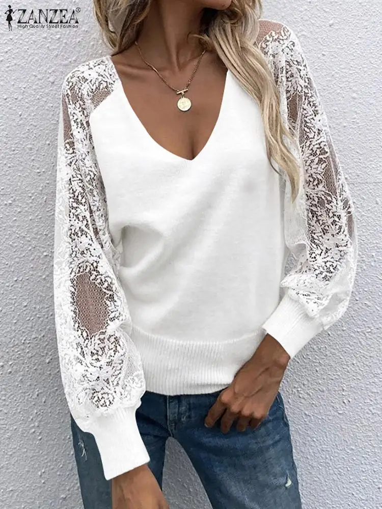 ZANZEA Long Sleeve 2023 Fashion Shirts Sexy V Neck Casual Autumn See-through Blouse Women Elegant Lace Splicing Knitted Tops