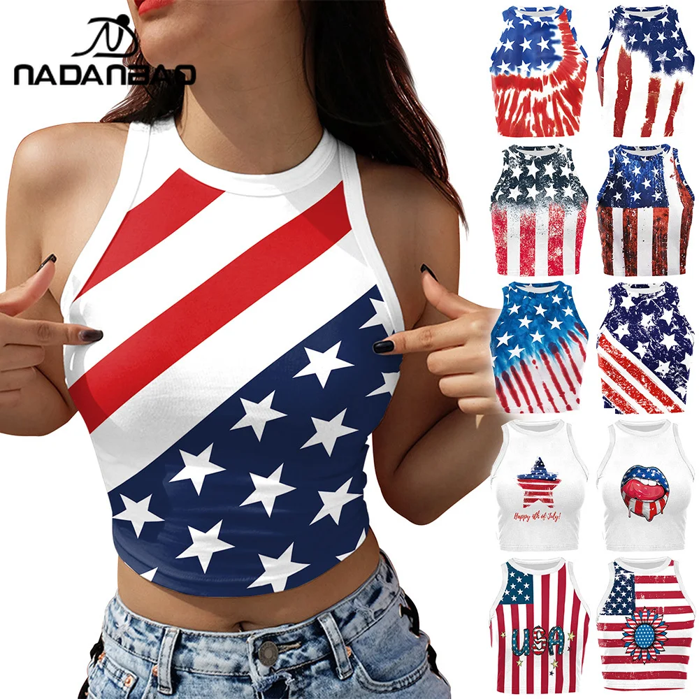 

Nadanbao Women American Flag Sleeveless Shirt Summer Crop Top Patriotic Graphic Vest Printed Fashion Streetwear Y2K Tee Clothing