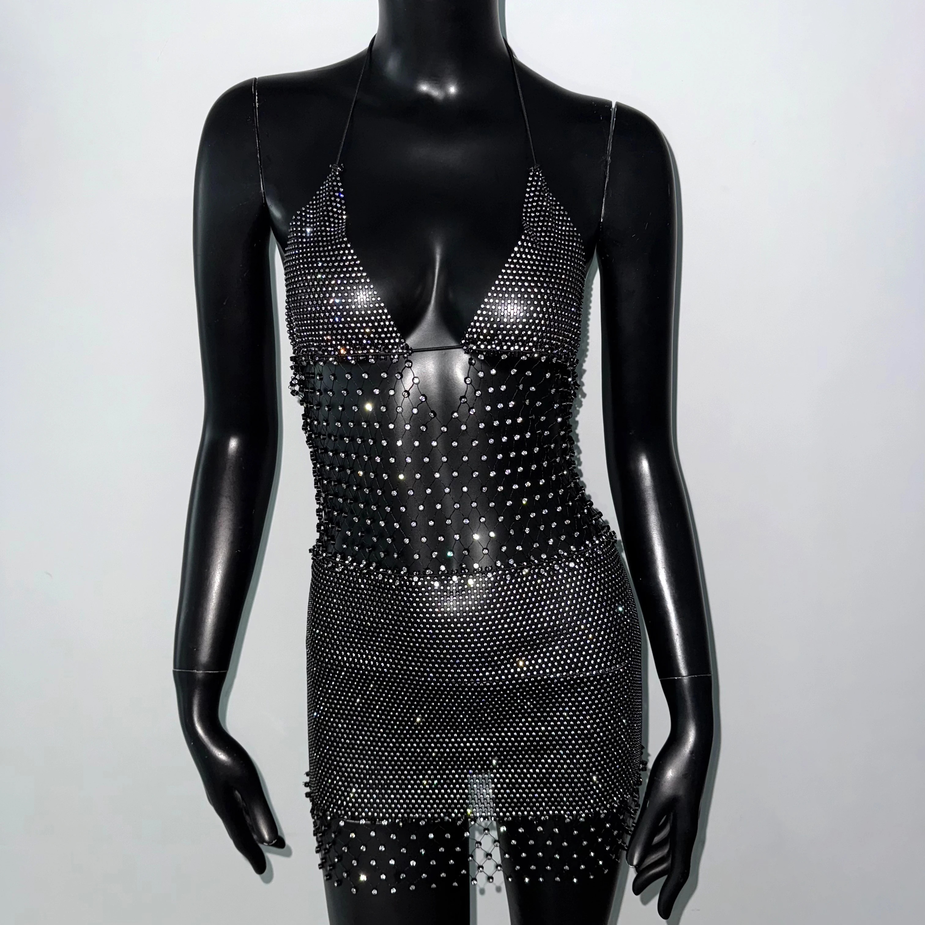 فستان نسائي فاخر عميق بياقة على شكل V فستان قصير مثير بدون ظهر مجوف شفاف من خلال شبكة حجر الراين فستان لامع للنوادي الليلية فساتين سهرة للحفلات #5