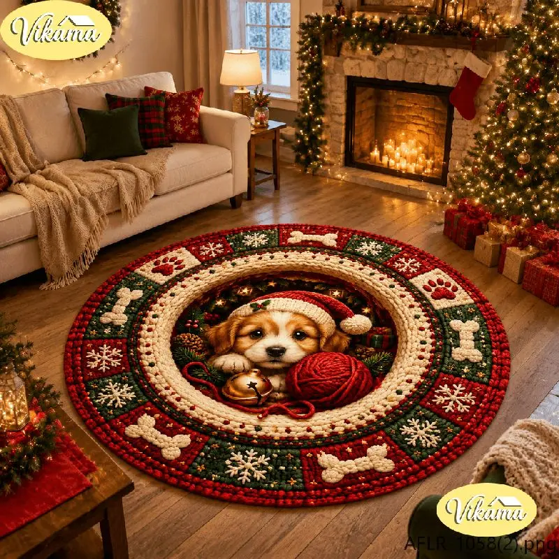 VIKAMA Christmas Round Rug Christmas Puppy Santa Hat Snow Area Rug Living Room Holiday Home Decor Aesthetic Art Large Premium