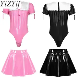 Mens Maid Costume Uniform Sissy Crossdresser Cosplay Party Outfits Patent Leather Puff Sleeve Bodysuit Leotard with Flared Skirt