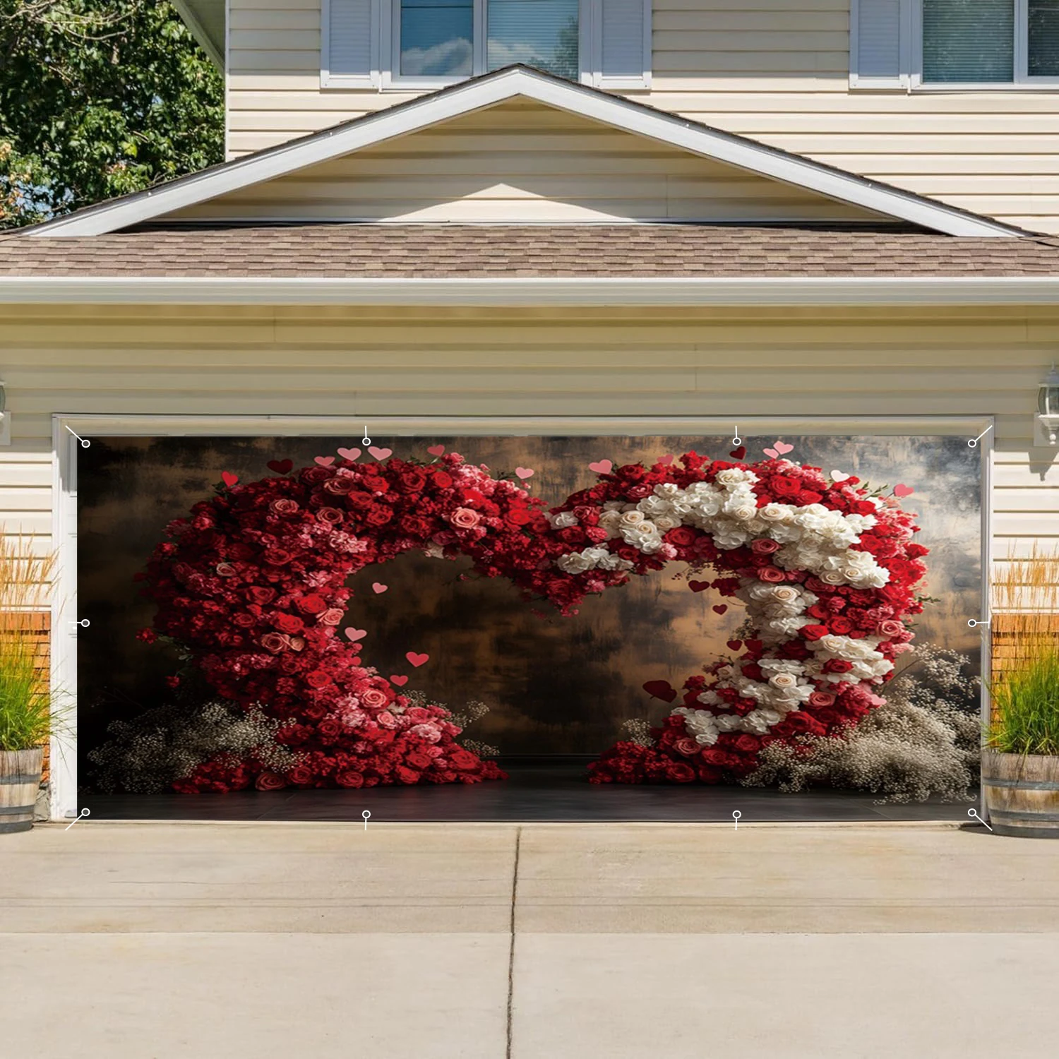 Valentines Day Garage Door Decorative Banner Backdrop Rose Flowers Arch Love Heart Party Decor Perforated Photography Background