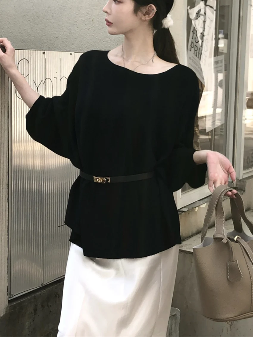 الغريبة كيتي 2025 سترة اليومية تي شيرت المرأة مع وشاحات لطيف جديد البلوفرات الصيف عادية محبوك كم كامل فضفاض تيز #3