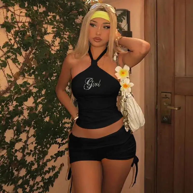 

Women's Wind Summer New Style Hanging Neck Backless Hot Diamond Vest Top Drawstring Pleated Shorts Two-piece Set