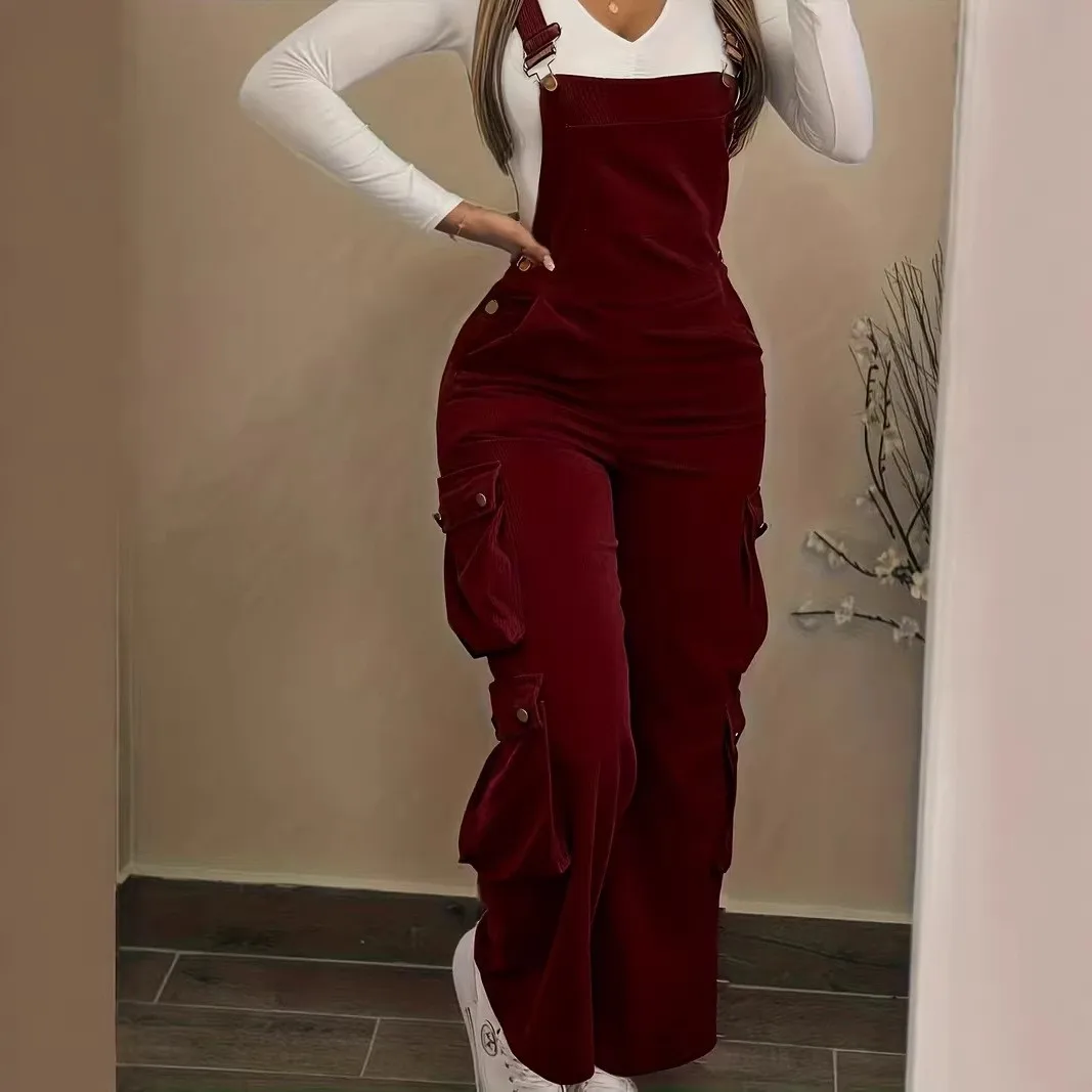 Casual Jumpsuit Women Corduroy Romper High Waist Wide Leg Overalls Burgundy Cargo Pockets Jumpsuits Black Button Closure