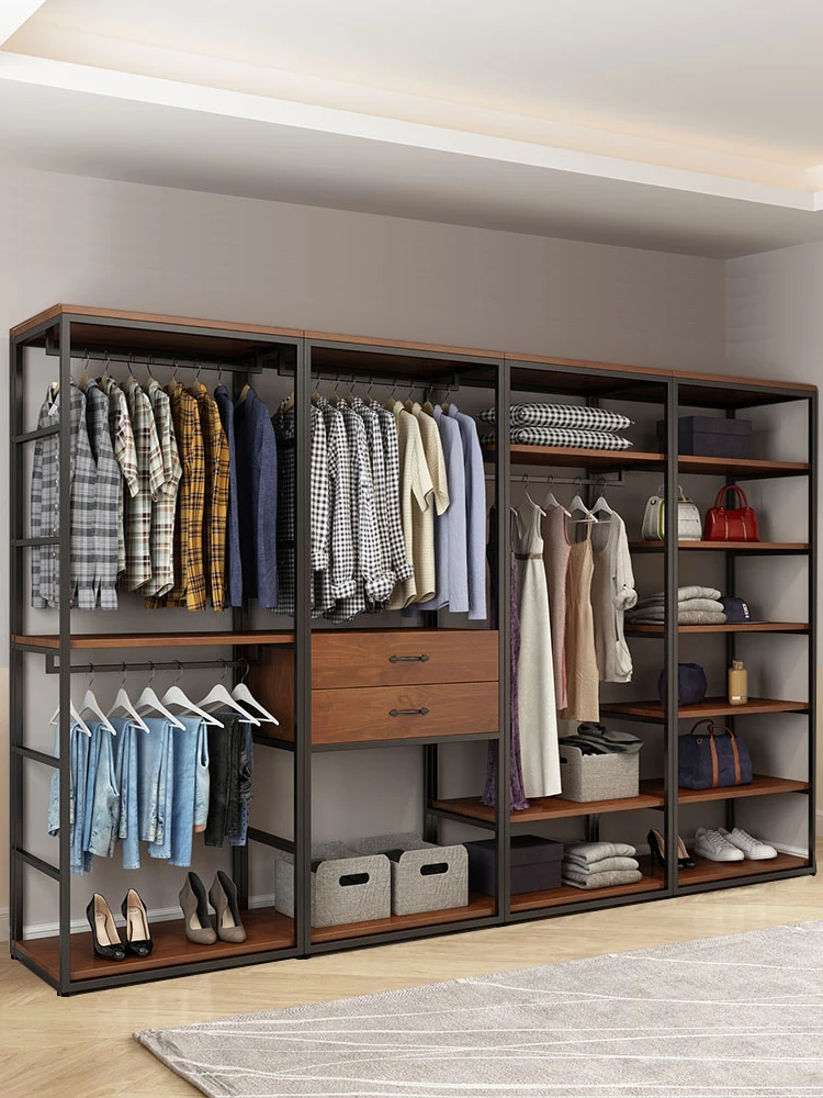 Walk-in closet Solid wood open metal cloakroom Floor-to-ceiling bedroom Wrought iron corner storage Hanging custom hangers