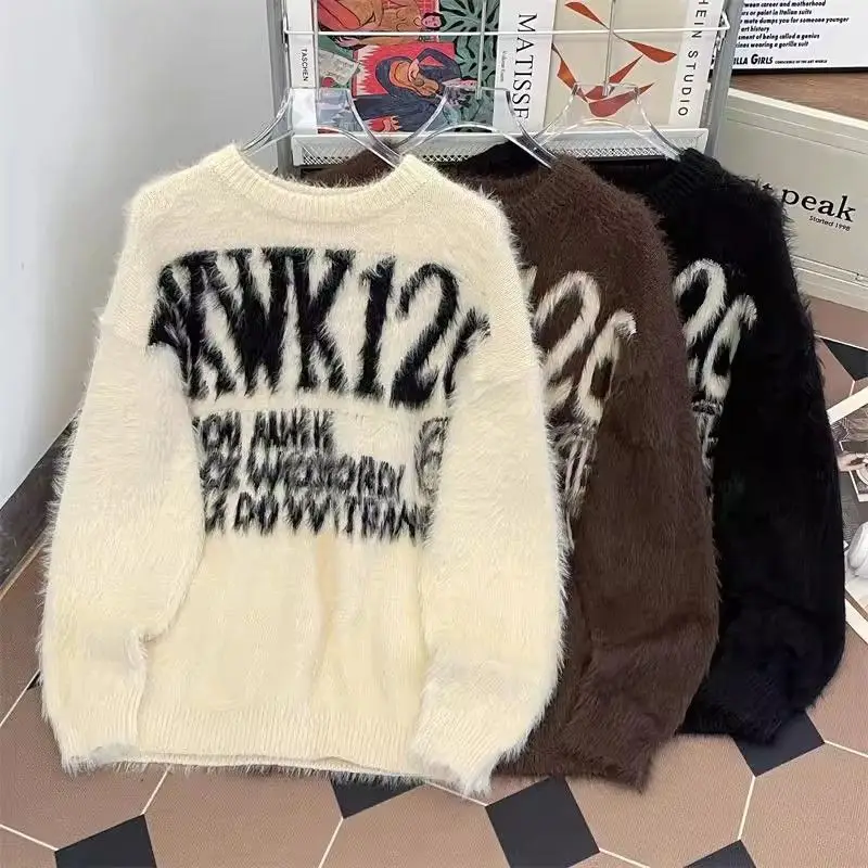 

American Sle Lazy Faion Big Letter Embroidery Loose Casual Knitted Sweater for Men And Women Autumn Winter Couple's Clothing