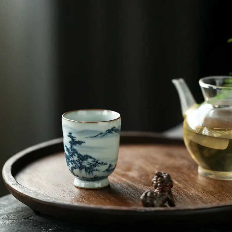Mr. Qing, Jingdezhen, Hand-Painted Zhen Style Ru-Porcelain Blue and Whitelandscape Straight Mouth Ru Ware Tea Cup Non-Tianyu Xia