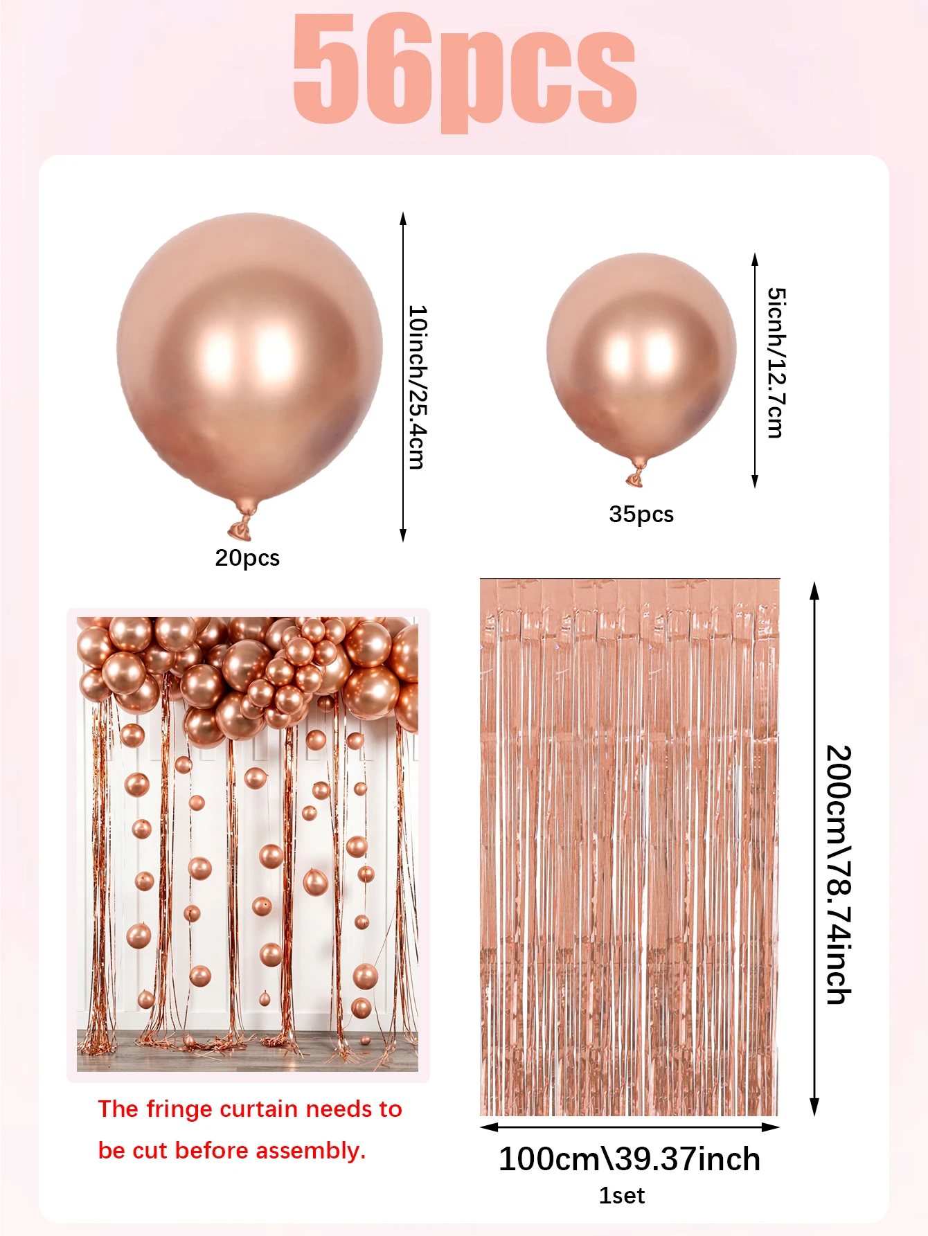 56pcs Rose Gold Rain Curtain Latex Balloon Set for Parties, Anniversaries, and Wedding Party Decorations