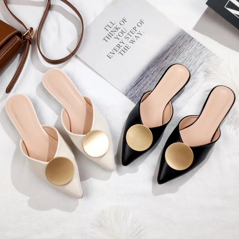 Women's Muller Slippers Temperament Pointed Casual Slippers Summer Baotou Half Slipper Fashion Metal Decoration Muller Slippers
