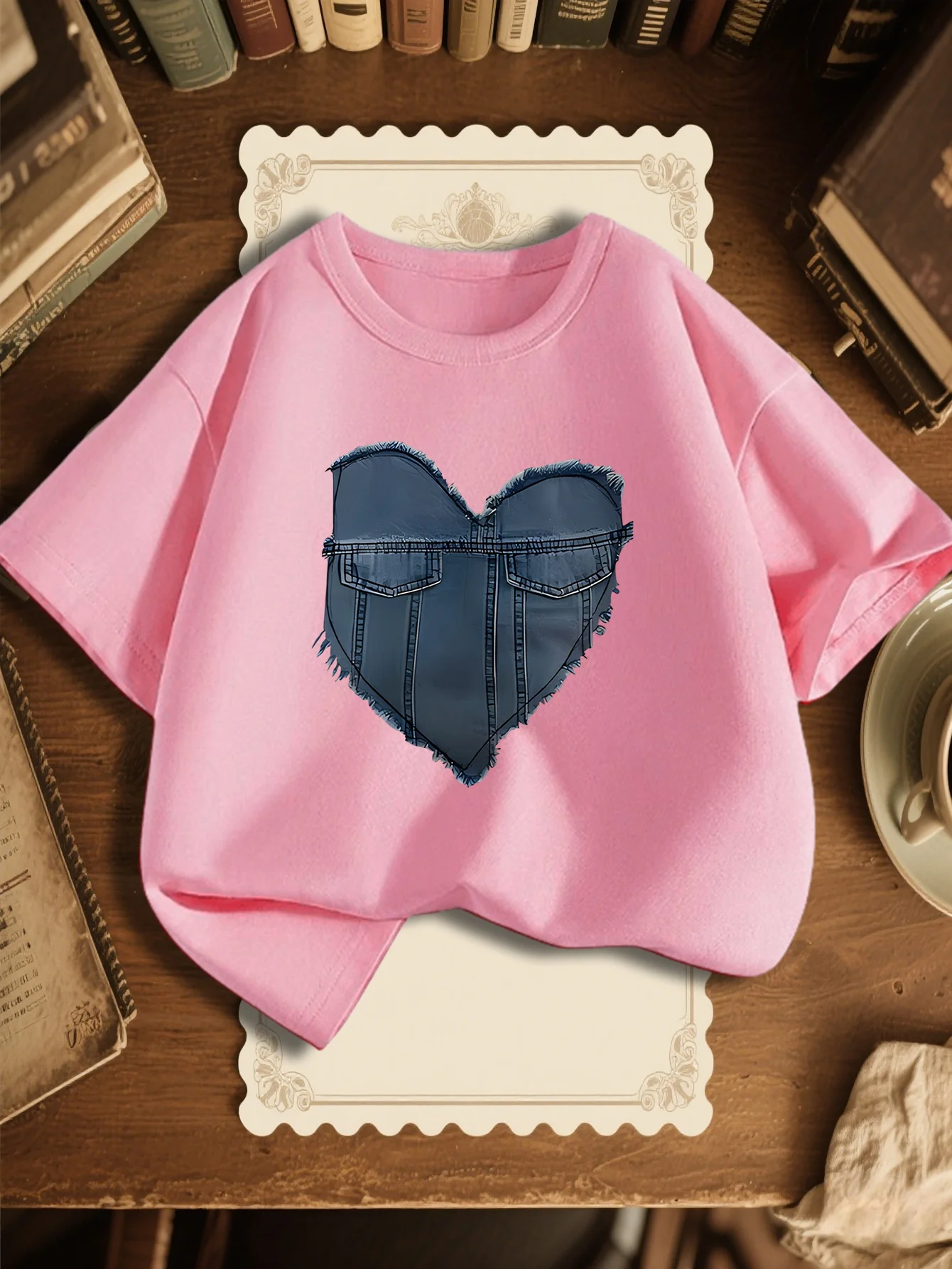 Denim Heart Print Kids T Shirt Boys Girls Family Matching Tee Soft Cotton Short Sleeve Children Fashion Simple Daily Casual Wear