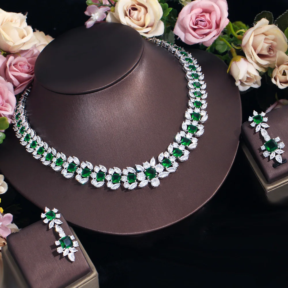 CWWZircons Luxurious Elegant Green Cubic Zirconia Big Women Wedding Event Costume Necklace Earrings Jewelry Sets for Brides T716