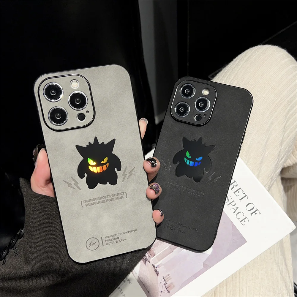 Miniso Cartoon Anime Pokemon Pikachu Gengar Leather Embossing Laser Phone Case For iPhone 15 14 13 12 11 16 Pro Max Back Cover