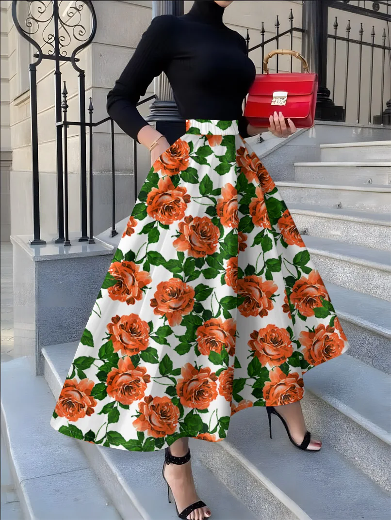 Printed Design Four Seasons Vacation Style White Background Orange Red Rose Half Skirt