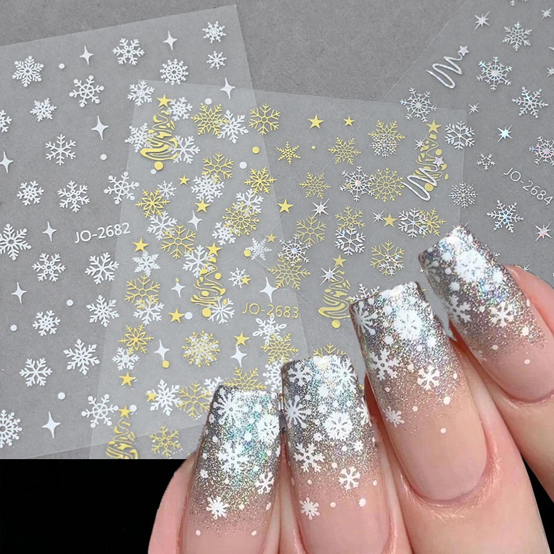 3d Nail Art Decals Xmas Trees White Gold Lasersilver Snowflakes Sliders Stickers For Nails Art Manicures Tips Decorations
