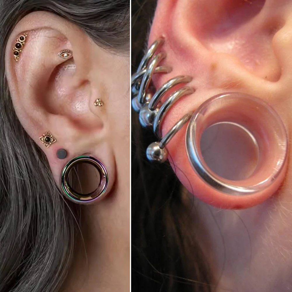 2PCS Round Glass Hollow Flared Ear Plug And Tunnel Ear Expander Strencher Ear Gauges Transpsrent AB Rainbow Earrings  Jewelry
