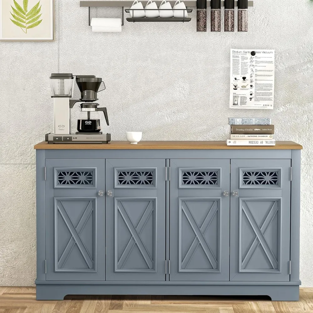 

57.5" Farmhouse Sideboard Buffet Cabinet with 4 Glass Doors - Haze Blue