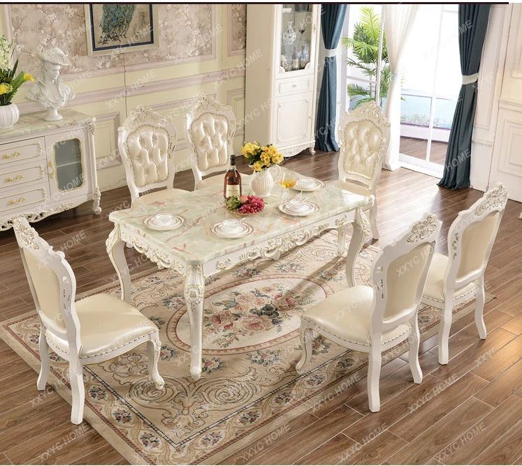 HHEuropean Marble Dining Table Living Room Full Solid Wood Carving Flower Dining Table And Chair Combination