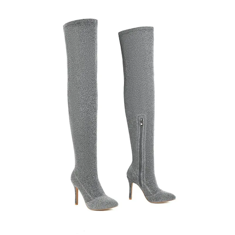 2023 Spring Winter New Glitter Bling Bling Party Wedding Thin Heels Pointy-Toe Sexy Lady Silver Black Overknees Thigh Long Boots