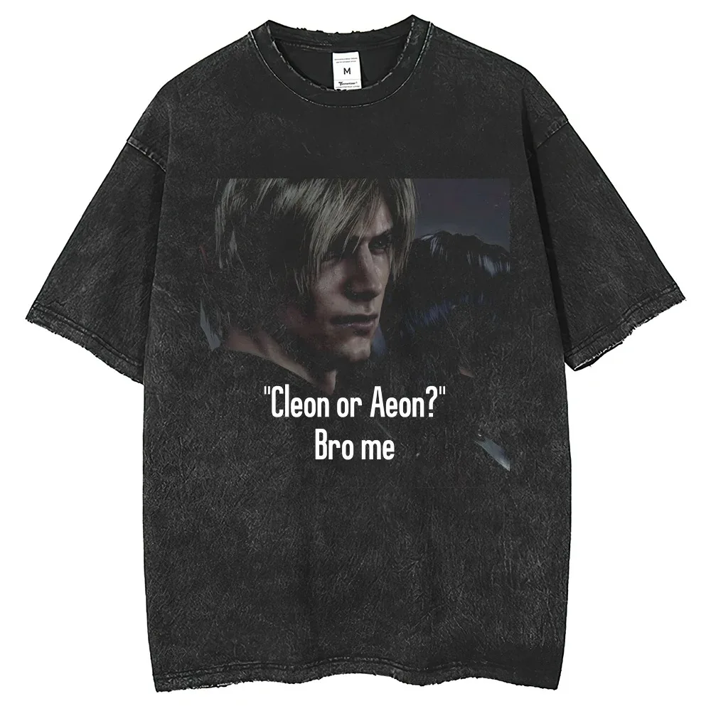 Plus-size Friend Game Leon s Kennedy Portrait Printed Short Sleeve Shirt 2024 Harajuku Summer Vintage Wash 250G Cotton woMen's