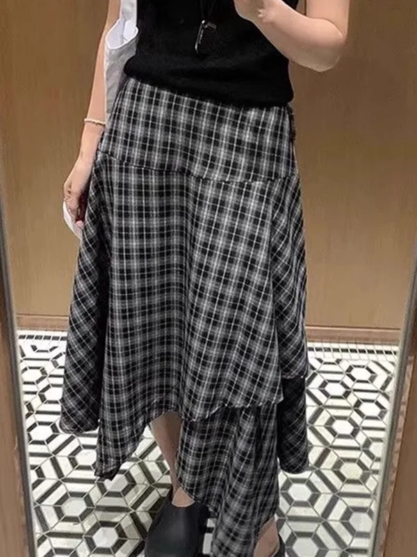 

plus Size American Retro Sle Midi Skirt Faionable Loose Design Casual High Waist Plaid Asymmetrical A-Line Skirt