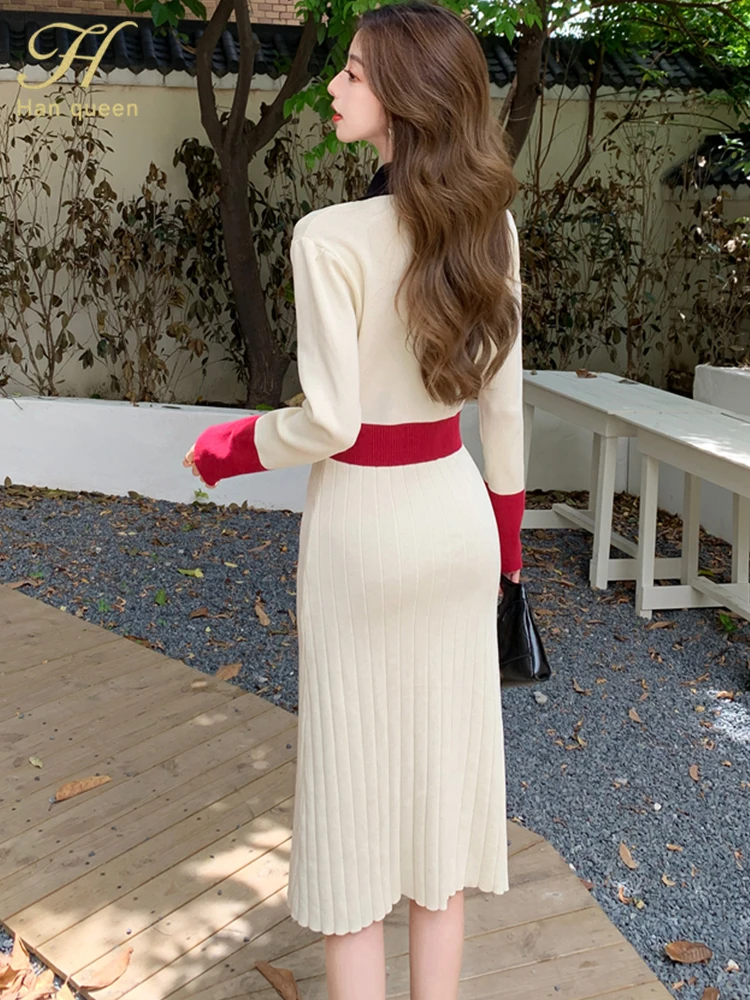 H Han Queen 2024 Autumn Winter Dresses Fashion Elegant Midi Dresses Women Korean Knitting Vintage Office Party Casual Vestidos