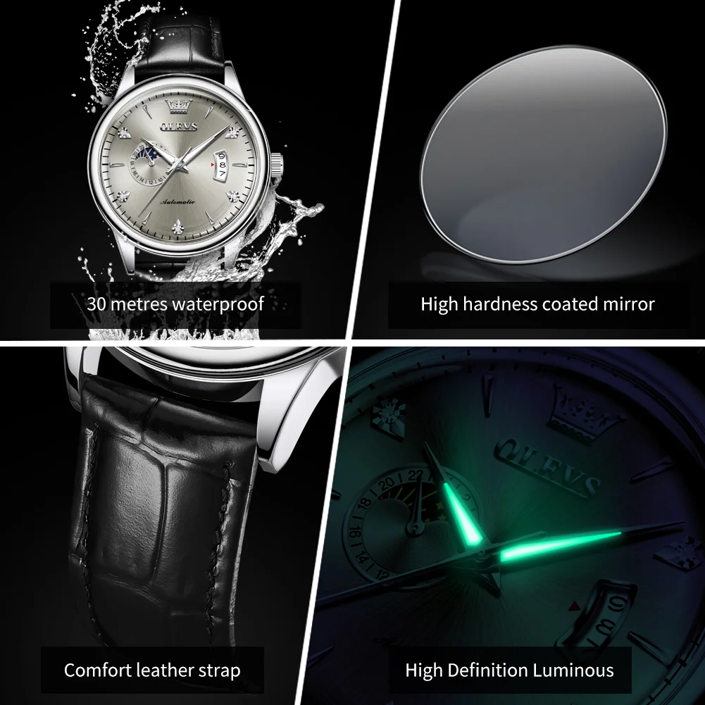 OLEVS 7040 Automatic Man Watch Fashion Arched Glass Anti-Scratch Mirror Waterproof Moon Phase Auto Date Mechanical Men's Watch