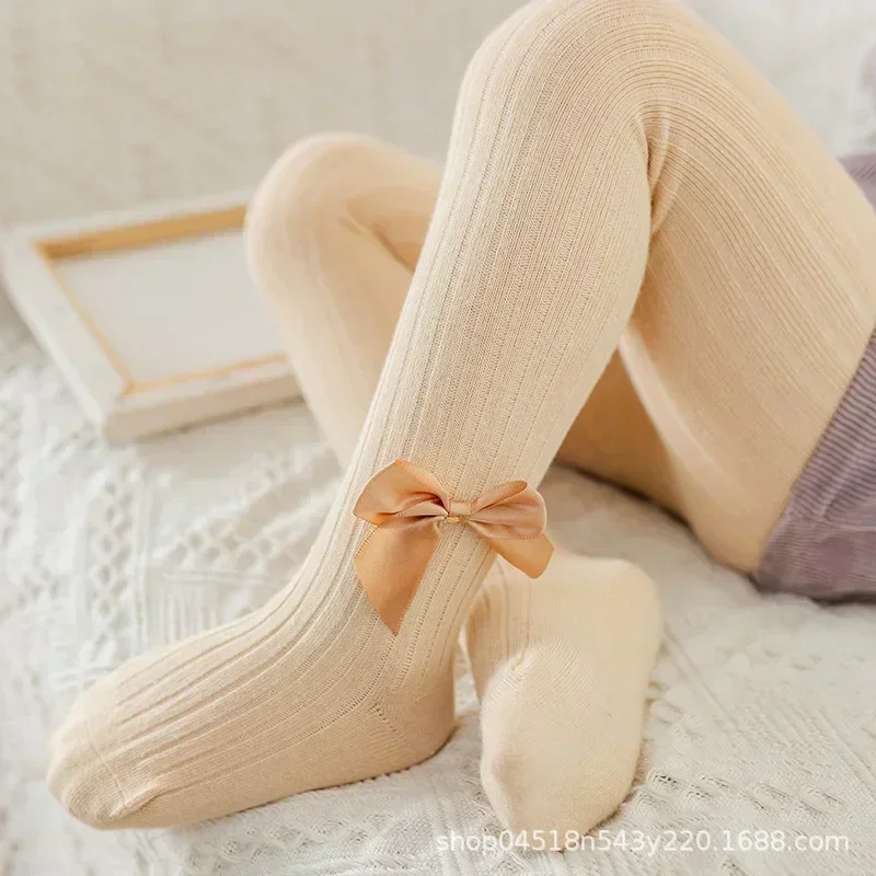 1-10 Years Old Children's Socks Autumn and Winter Baby Girl Leggings Vertical Stripe Solid Color Crotch Big Bow Girl's Pantyhose