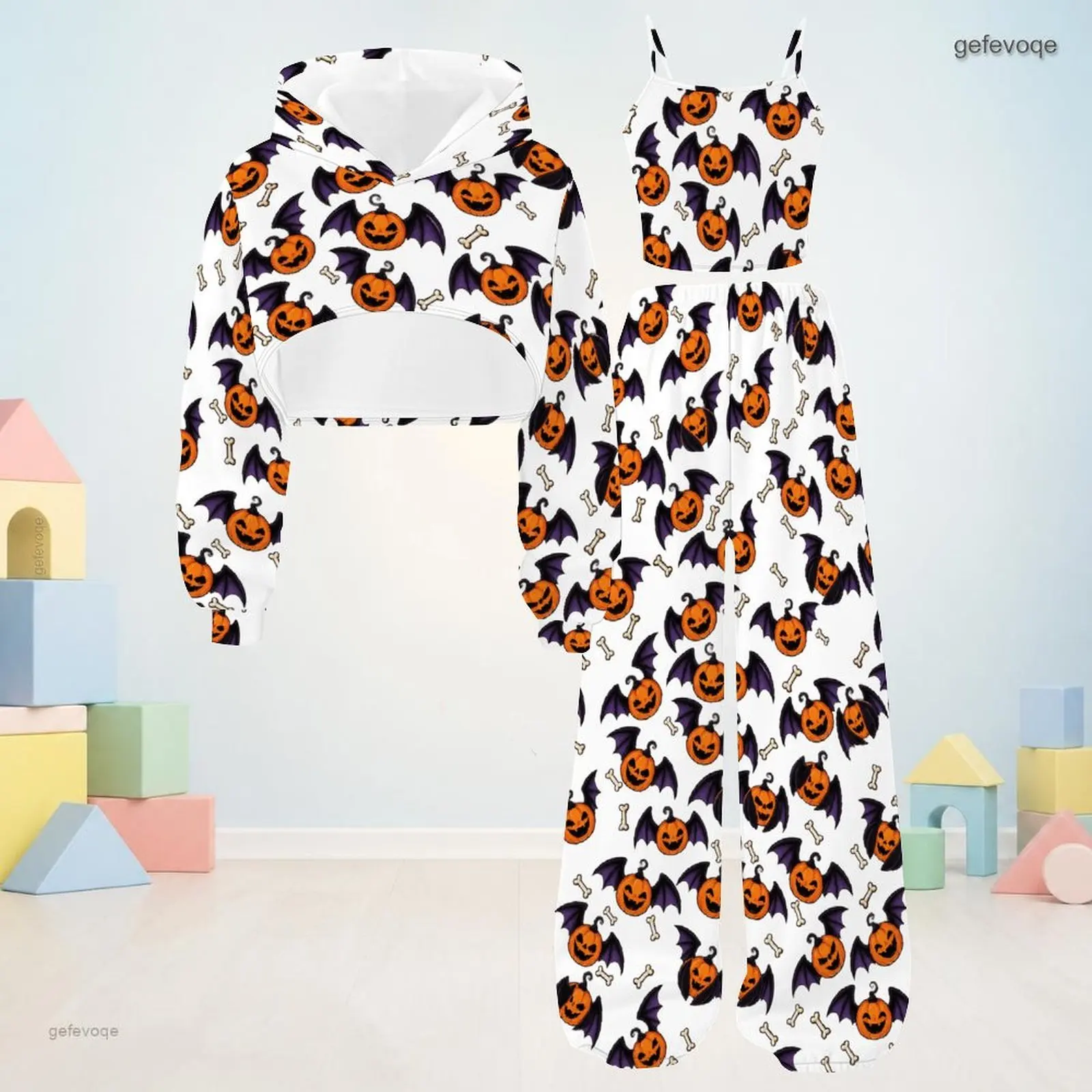 Autumn Graphic Print Girls 3 Piece Outfit Girls Hooded Spooky Children Clothing Party Wear