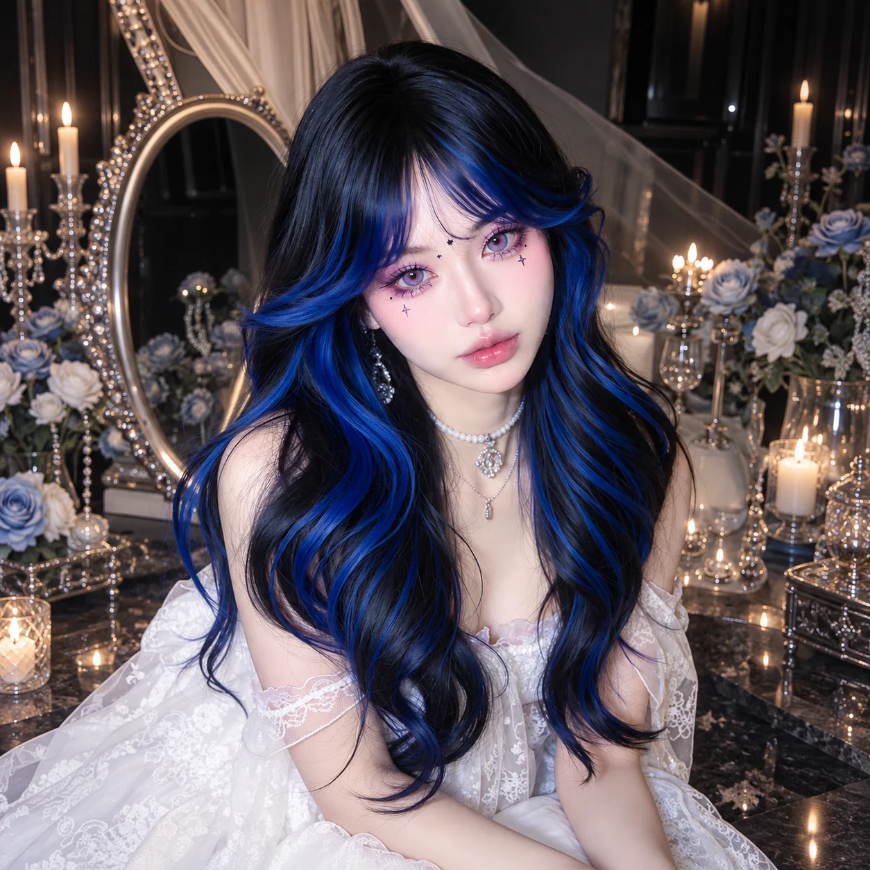 Halloween Wig 26-Inch Long Wavy Synthetic Wig Black and Blue Highlights Heat Resistant Wig for Women Black Wig with Blue Highlights Chemical Fiber Hair with Bangs Face Framing Cosplay Costume Party Goth Anime Daily Wear Soft Natural Looking Styling
