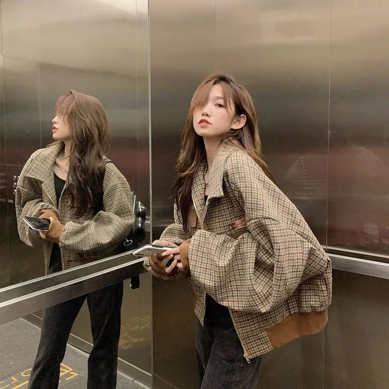 Vintage Houndstooth Coat Women Baseball Cropped Tops Zipper Patchwork Long Sleeve Jacket Plaid Short Winter Female Outwear
