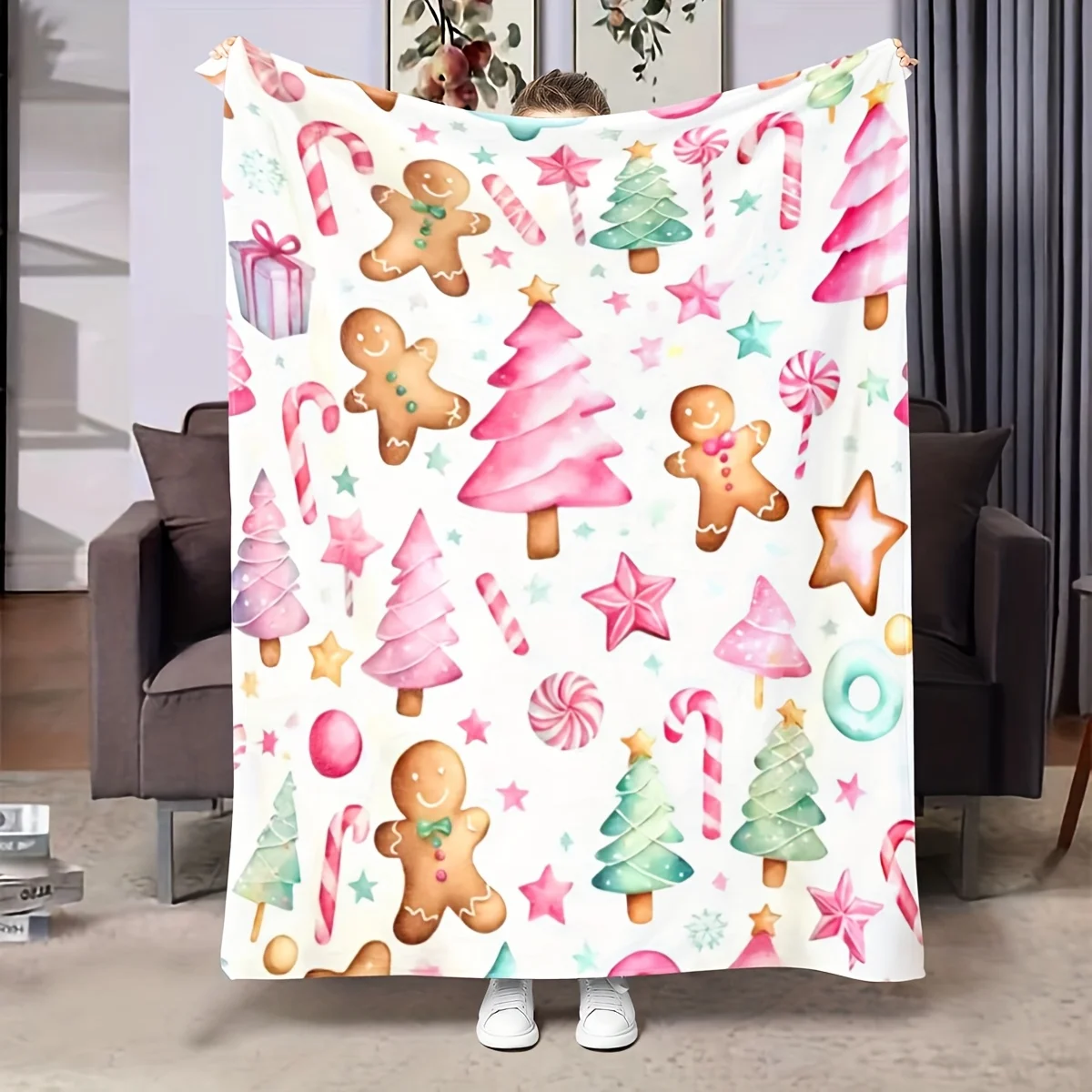 Pink Christmas Gingerbread Men & Tree Print Flannel Blanket - Soft Warm Anti-Tear All-Season Throw for Home, Office, Camping - C
